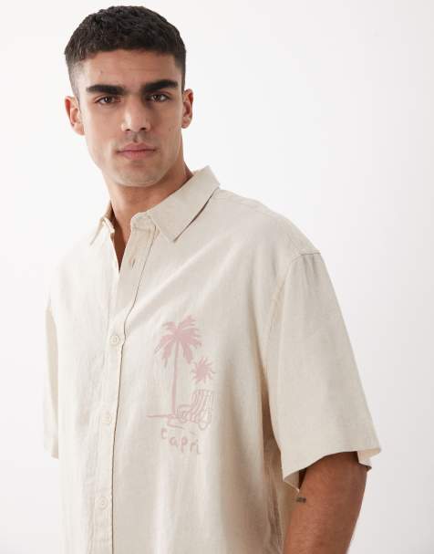 ASOS DESIGN boxy oversized linen blend shirt with placement print in beige - view 1