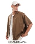 [ASOS DESIGN] ASOS DESIGN boxy oversized linen blend shirt with revere collar in brown 2XL BROWN