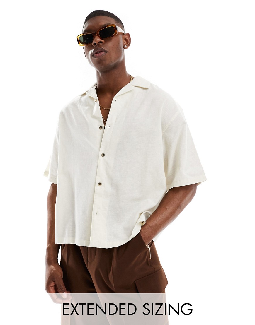 ASOS DESIGN boxy oversized linen blend shirt with revere collar in ecru-White