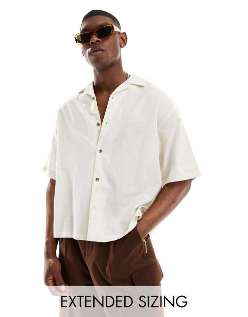  ASOS DESIGN boxy oversized linen blend shirt with revere collar in ecru