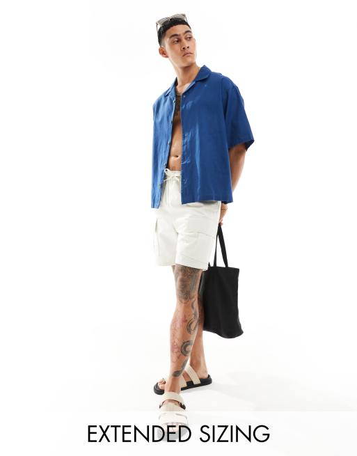  ASOS DESIGN boxy oversized linen blend shirt with revere collar in royal blue