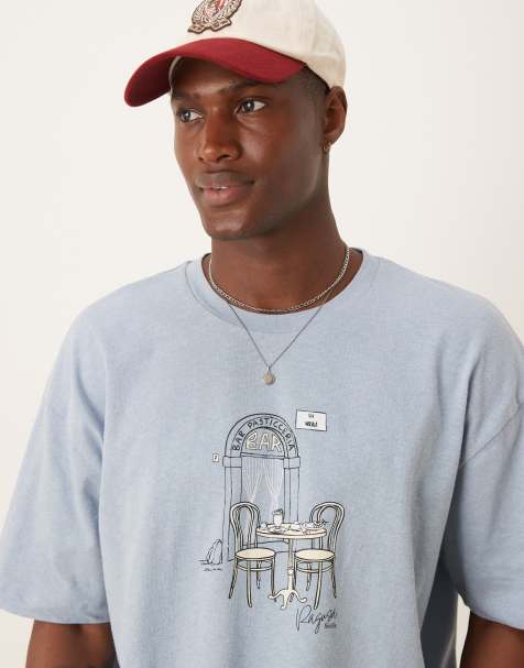 ASOS DESIGN boxy oversized linen blend t-shirt with cafe graphic in light blue - view 1