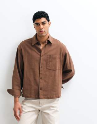 Asos Design Boxy Oversized Linen Look Shirt In Brown