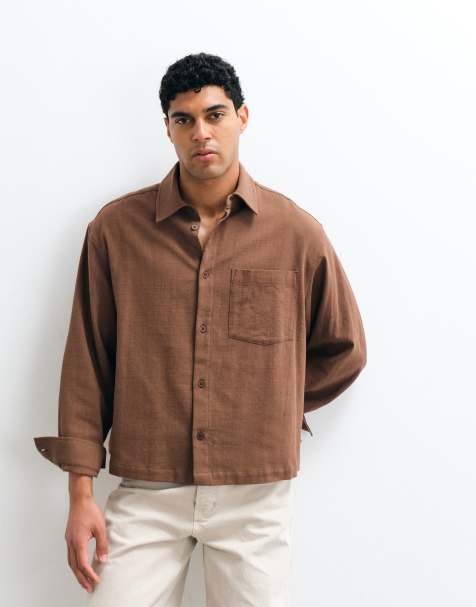 ASOS DESIGN boxy oversized linen look shirt in brown - view 1