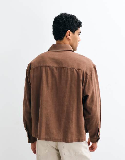 ASOS DESIGN boxy oversized linen look shirt in brown, 4 of 5