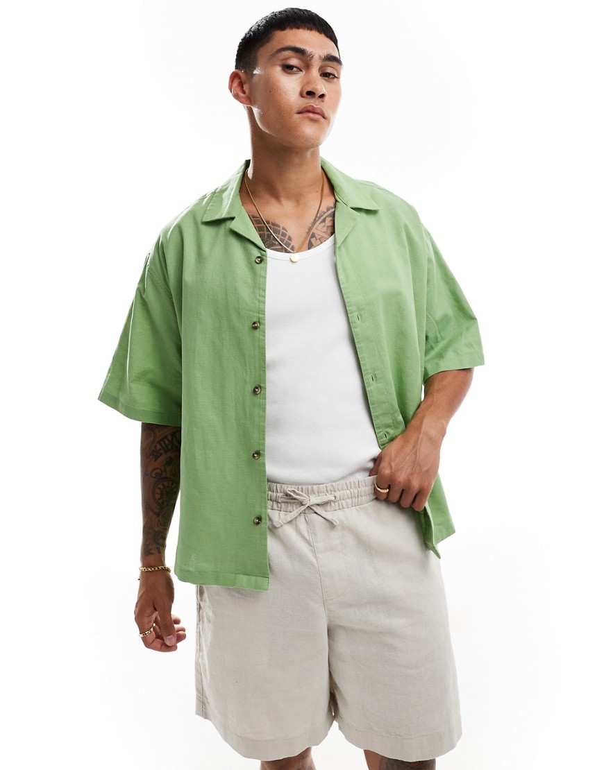 Asos Design Boxy Oversized Linen Look Shirt With Camp Collar In Green