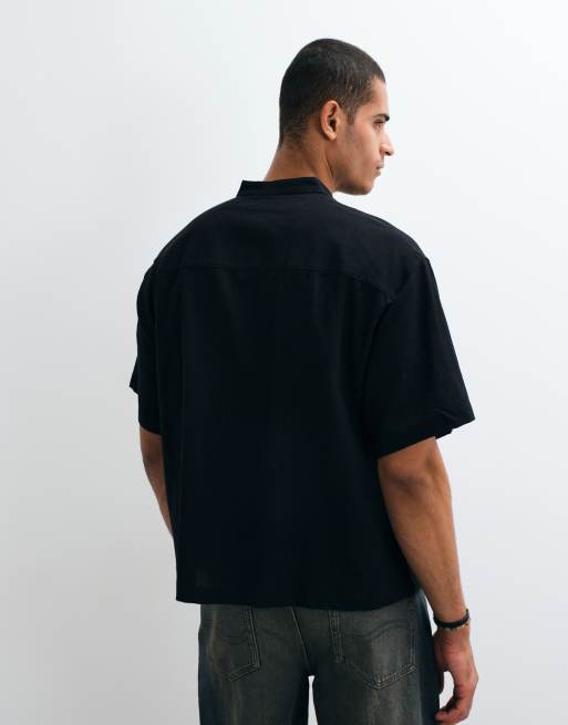 ASOS DESIGN boxy oversized linen look shirt with henley collar in black, 5 of 5