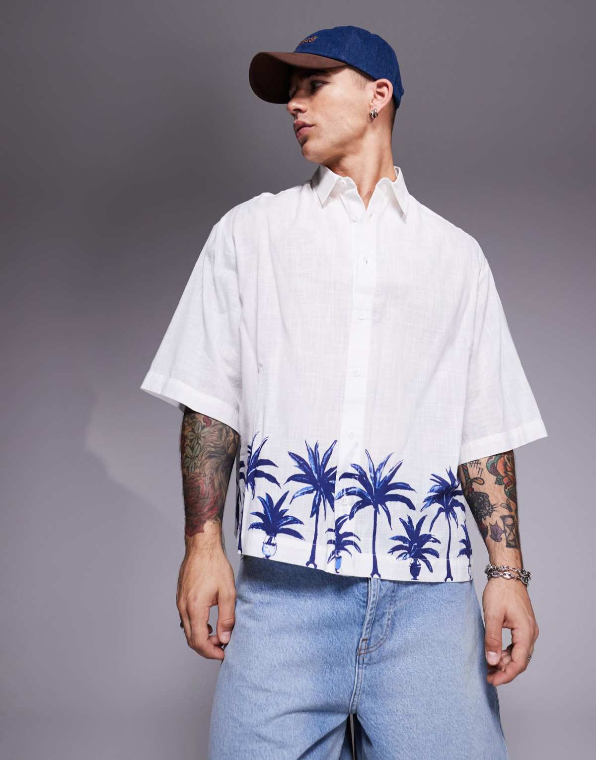 ASOS DESIGN boxy oversized linen look shirt with palm tree print in white