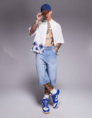 Asos Design Boxy Oversized Linen Look Shirt With Palm Tree Print In White