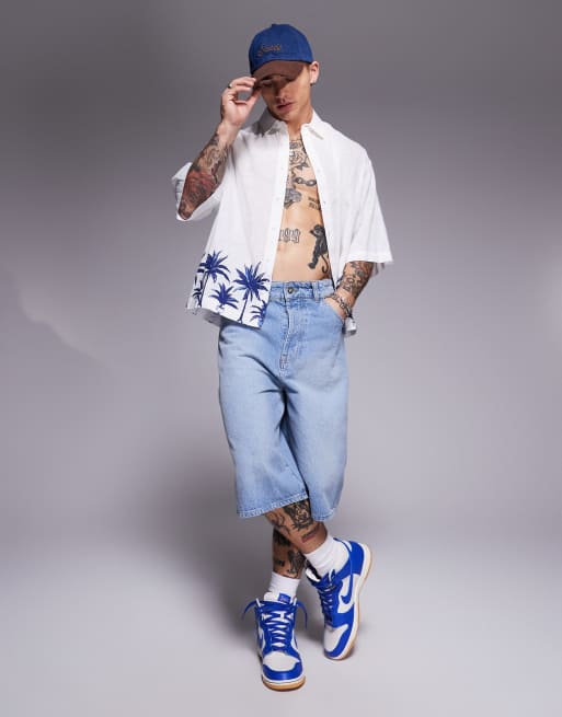 ASOS DESIGN boxy oversized linen look shirt with palm tree print in white