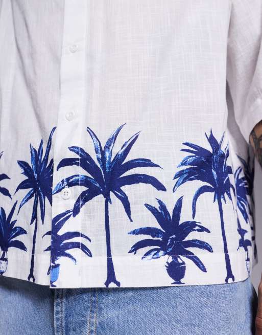 ASOS DESIGN boxy oversized linen look shirt with palm tree print in white, 3 of 4