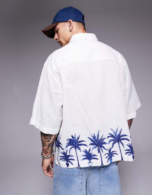 ASOS DESIGN boxy oversized linen look shirt with palm tree print in white