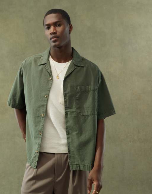 Asos Design Boxy Oversized Linen Look Shirt With Revere Collar In Khaki Asos 5995