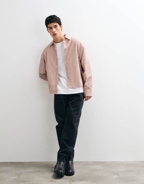 ASOS DESIGN boxy oversized linen look stripe shirt in brown - view 1