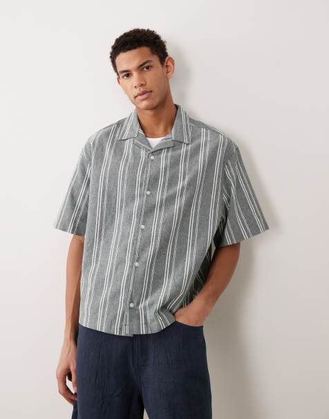 ASOS DESIGN boxy oversized linen look stripe shirt in dark green - view 1