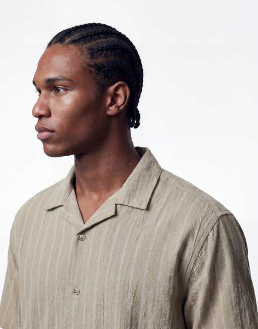 ASOS DESIGN boxy oversized linen look stripe shirt in khaki - part of a set, 5 of 5