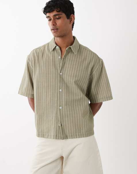 ASOS DESIGN boxy oversized linen look stripe shirt in khaki - view 1