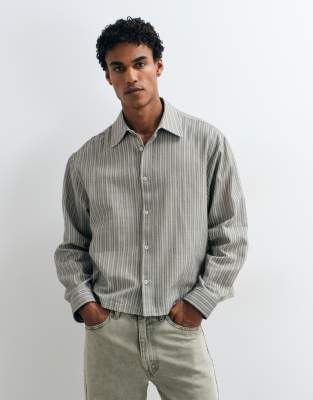 Asos Design Boxy Oversized Linen Look Stripe Shirt In Green