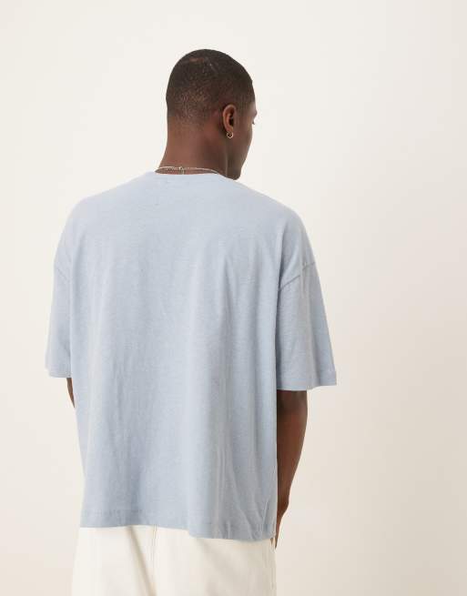 ASOS DESIGN boxy oversized linen look T-shirt with cafe graphic in light blue