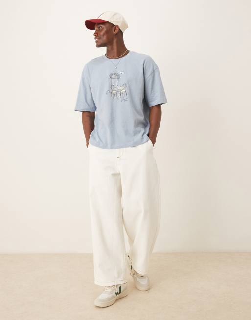 ASOS DESIGN boxy oversized linen look T-shirt with cafe graphic in light blue