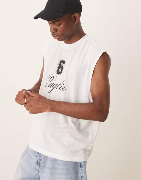 ASOS DESIGN boxy oversized linen look tank with text graphic in cream - view 1