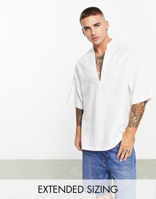 ASOS DESIGN longline shirt in white with grandad collar