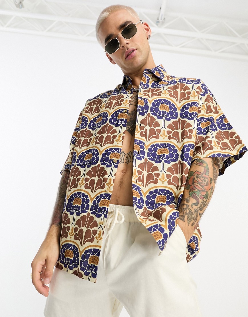 ASOS DESIGN boxy oversized linen mix shirt in brown 70s floral