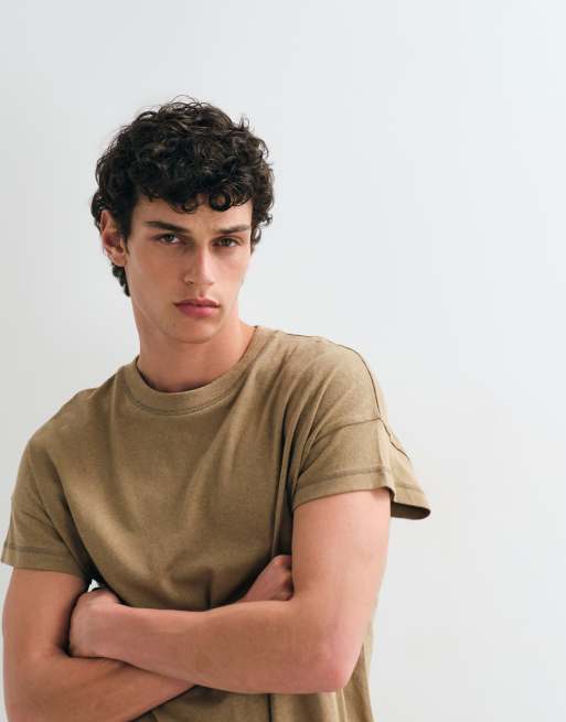 ASOS DESIGN boxy oversized linen mix t-shirt with cap sleeves in brown, 3 of 5