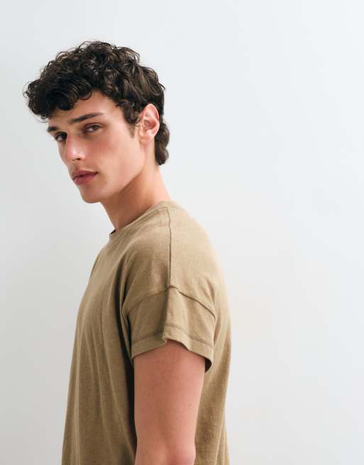 ASOS DESIGN boxy oversized linen mix t-shirt with cap sleeves in brown, 4 of 5