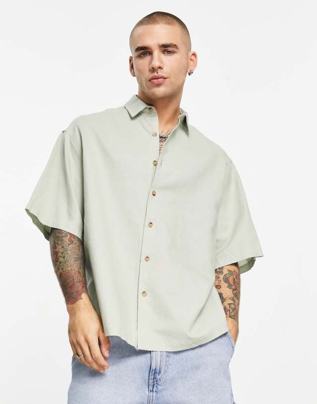 ASOS DESIGN boxy oversized linen shirt in sage green