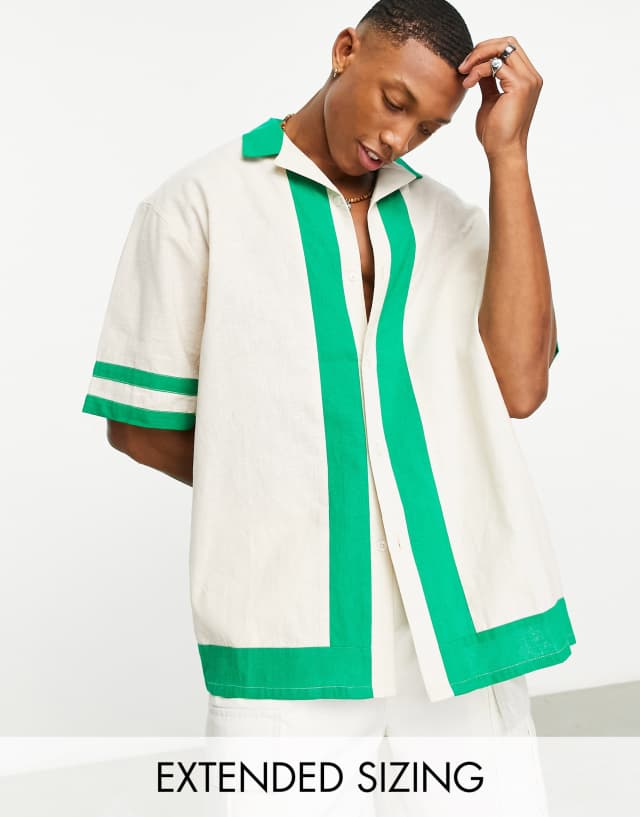 ASOS DESIGN boxy oversized linen shirt with color block panels in ecru & green