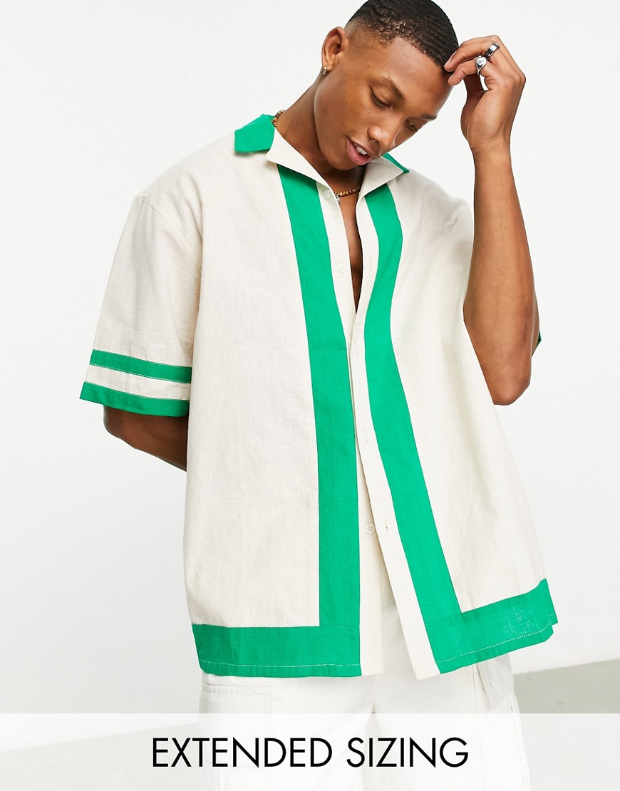 ASOS DESIGN boxy oversized linen shirt with colour block panels in ecru & green-Neutral