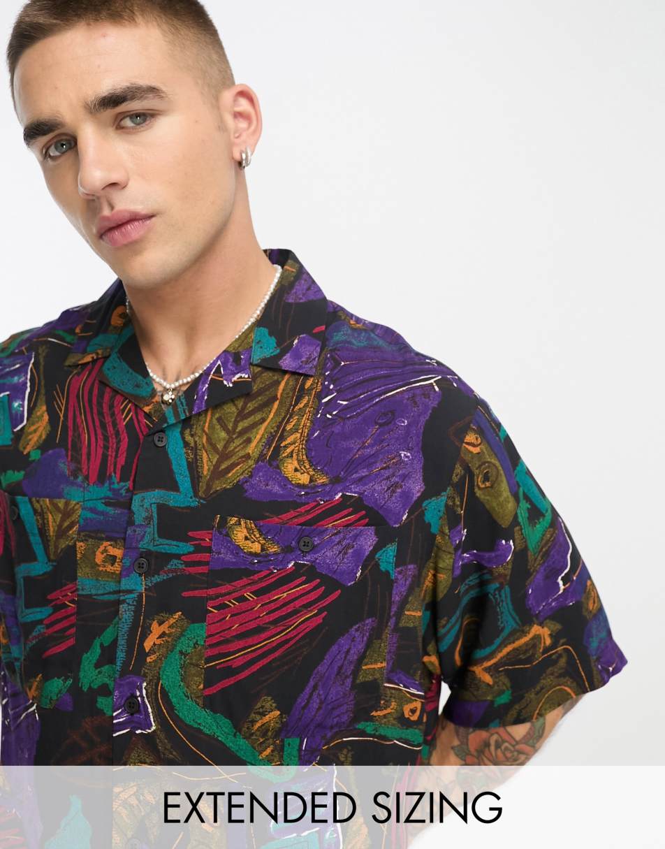 ASOS DESIGN boxy oversized long revere shirt in vintage inspired abstract print