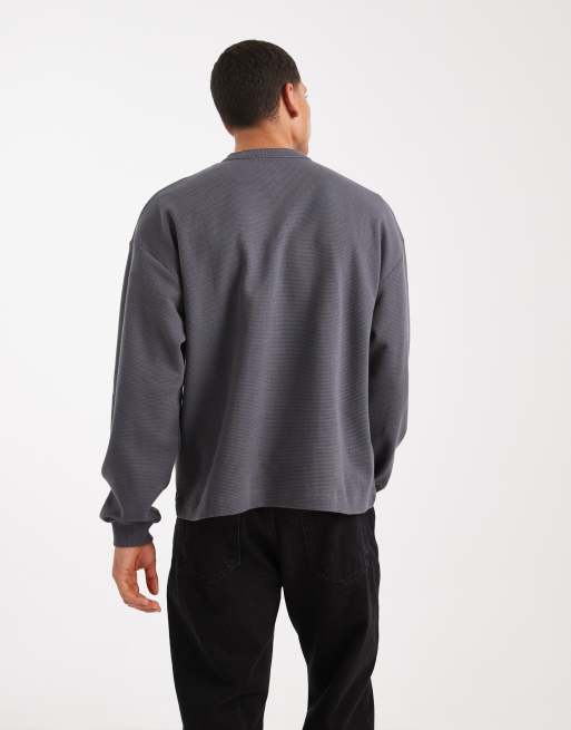 ASOS DESIGN boxy oversized long sleeve henley t-shirt in charcoal waffle, 3 of 5