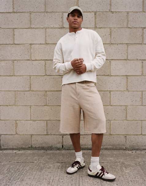 ASOS DESIGN boxy oversized long sleeve henley t-shirt in cream waffle - view 1
