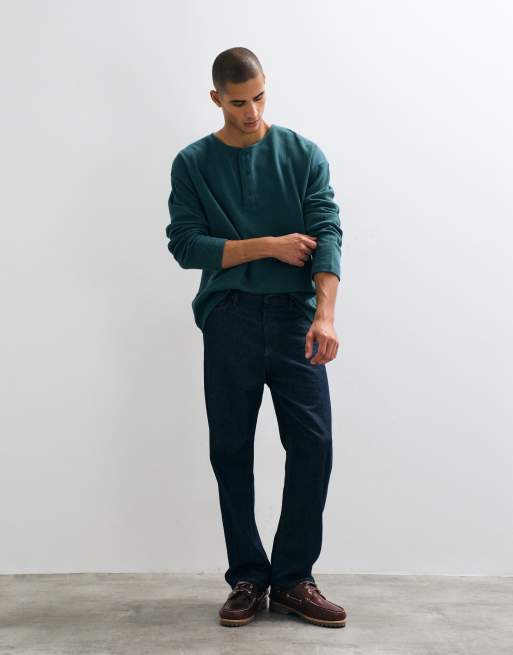 ASOS DESIGN boxy oversized long sleeve henley t-shirt in dark green waffle, 4 of 5