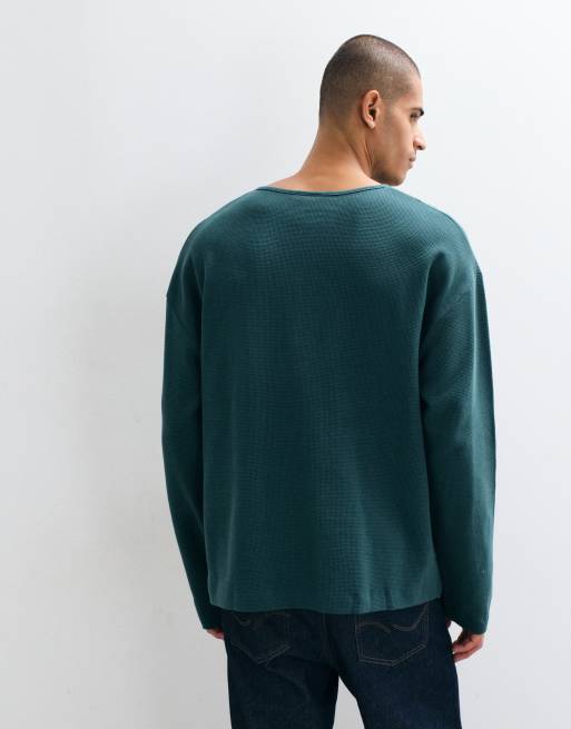 ASOS DESIGN boxy oversized long sleeve henley t-shirt in dark green waffle, 5 of 5
