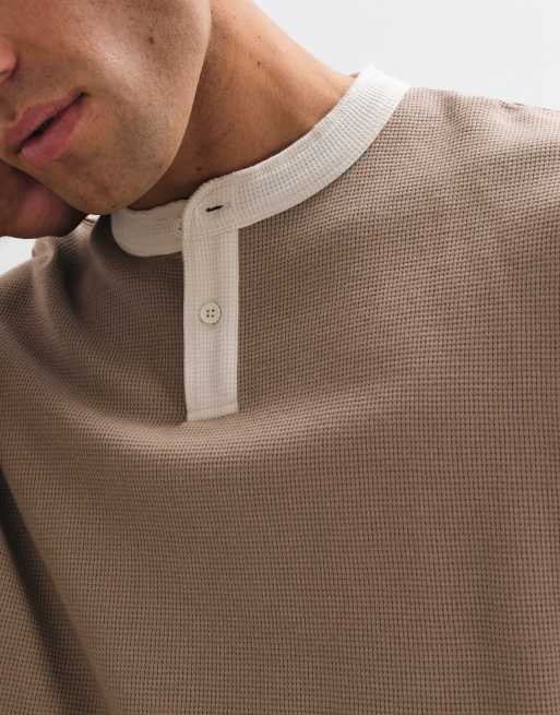 ASOS DESIGN boxy oversized long sleeve henley t-shirt with contrast neck in beige waffle, 3 of 10