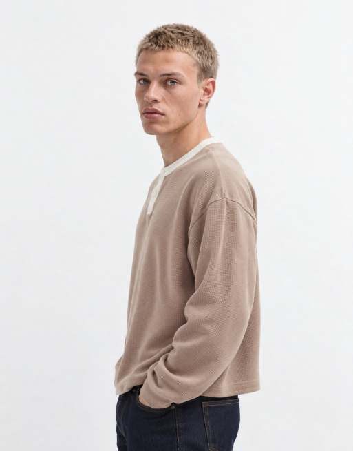 ASOS DESIGN boxy oversized long sleeve henley t-shirt with contrast neck in beige waffle, 6 of 10