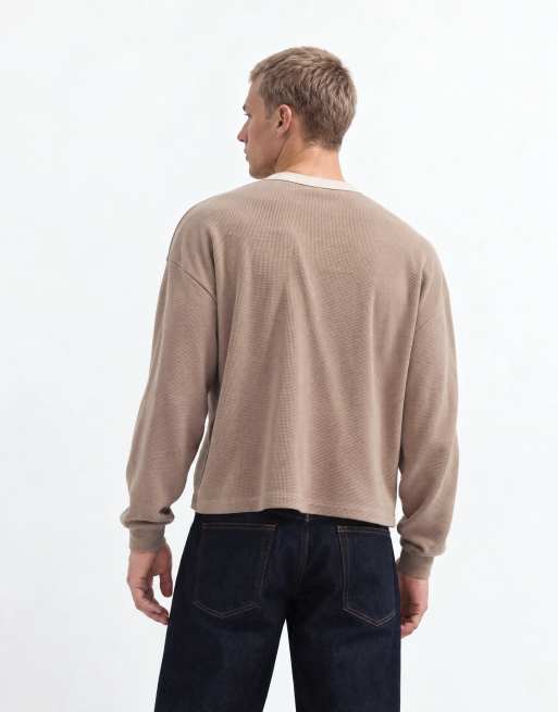 ASOS DESIGN boxy oversized long sleeve henley t-shirt with contrast neck in beige waffle, 7 of 10