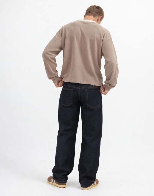 ASOS DESIGN boxy oversized long sleeve henley t-shirt with contrast neck in beige waffle, 8 of 10