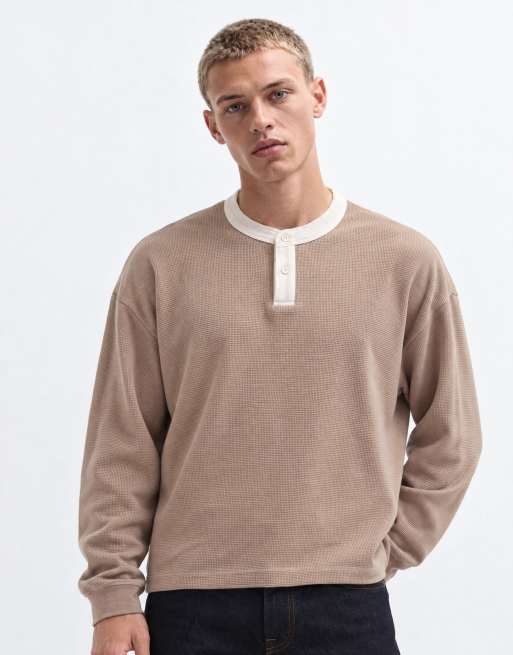 ASOS DESIGN boxy oversized long sleeve henley t-shirt with contrast neck in beige waffle, 9 of 10