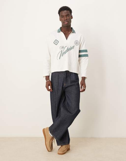 ASOS DESIGN boxy oversized long sleeve polo with dropped shoulder and soccer graphics in cream, 2 of 4