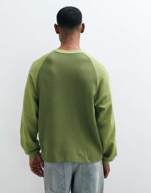 ASOS DESIGN boxy oversized long sleeve raglan t-shirt in khaki waffle, 3 of 9
