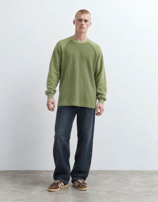 ASOS DESIGN boxy oversized long sleeve raglan t-shirt in khaki waffle, 8 of 9
