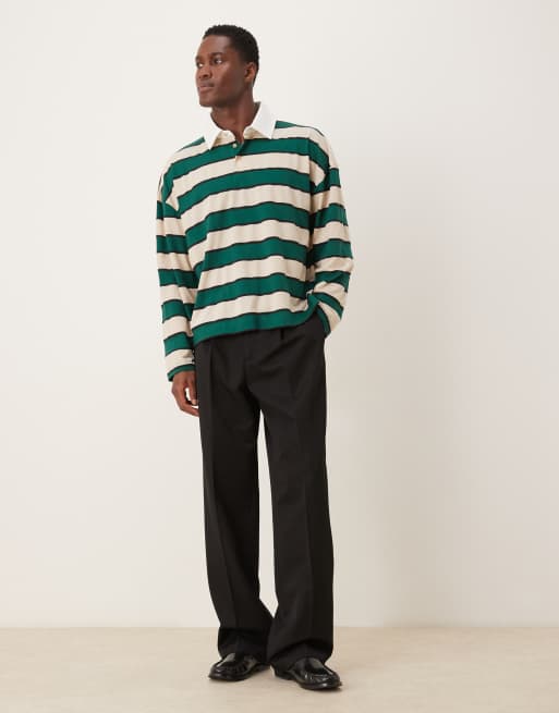 ASOS DESIGN boxy oversized long sleeve rugby polo with dropped shoulder in green and white stripe, 2 of 5