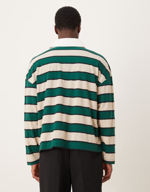 ASOS DESIGN boxy oversized long sleeve rugby polo with dropped shoulder in green and white stripe, 3 of 5