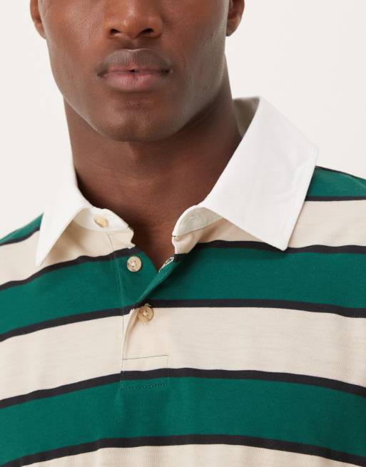 ASOS DESIGN boxy oversized long sleeve rugby polo with dropped shoulder in green and white stripe, 5 of 5