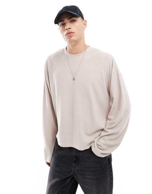 ASOS DESIGN boxy oversized long sleeve t-shirt in beige waffle texture with sport text back print, 2 of 4