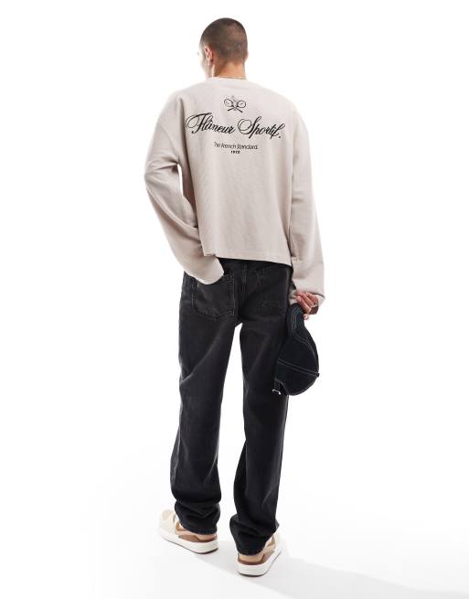 ASOS DESIGN boxy oversized long sleeve t-shirt in beige waffle texture with sport text back print, 3 of 4